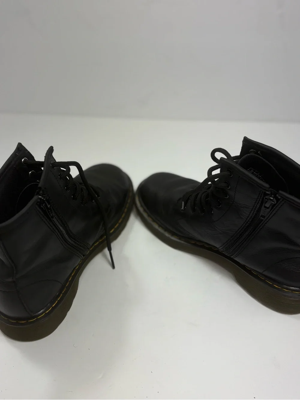 Dr. Martens‎ Black Leather Lace-Up Combat Boots with Yellow Stitching